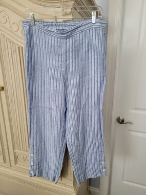 Casual Blue & White Striped Linen Pants